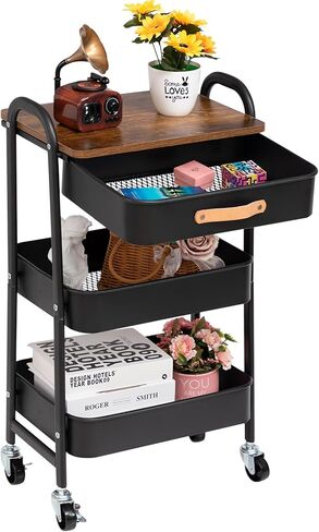AGTEK Movable Rolling Organizer Cart with Drawer, 3 Tier Metal Utility Cart with Hanging Cups, Drawer with Leather Handle, Mobile Trolley Cart for Home & Office, Black in Saudi Arabia