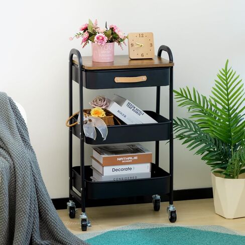 AGTEK Movable Rolling Organizer Cart with Drawer, 3 Tier Metal Utility Cart with Hanging Cups, Drawer with Leather Handle, Mobile Trolley Cart for Home & Office, Black in Saudi Arabia