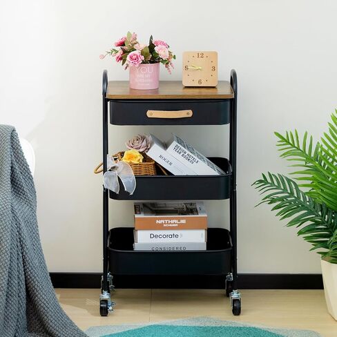 AGTEK Movable Rolling Organizer Cart with Drawer, 3 Tier Metal Utility Cart with Hanging Cups, Drawer with Leather Handle, Mobile Trolley Cart for Home & Office, Black in Saudi Arabia