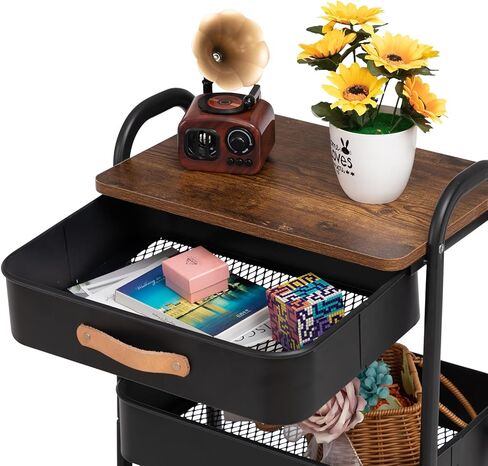 AGTEK Movable Rolling Organizer Cart with Drawer, 3 Tier Metal Utility Cart with Hanging Cups, Drawer with Leather Handle, Mobile Trolley Cart for Home & Office, Black in Saudi Arabia