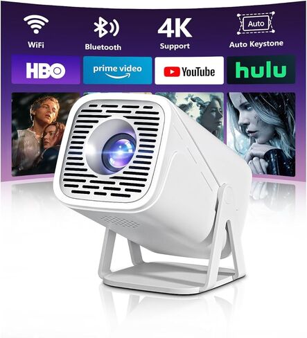 Mini Projector with WiFi and Bluetooth, 4k Support Full Hd 1080P Portable Outdoor Movie Projector with Android System & Built-in Apps, Smart Proyector for Bedroom, Phone and Movie Night in Kuwait