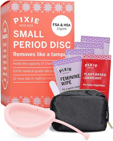 قرص الحيض Pixie - بدون معادن أو سموم - سيليكون طبي بنسبة 100% - يحتل المرتبة الأولى في أكثر أقراص الدورة الشهرية الناعمة القابلة لإعادة الاستخدام - يمكن إزالته مثل السدادة القطنية - يمكن ارتداؤه لمدة 12 ساعة - سعة 5 سدادات قطنية (متوسطة) in Kuwait