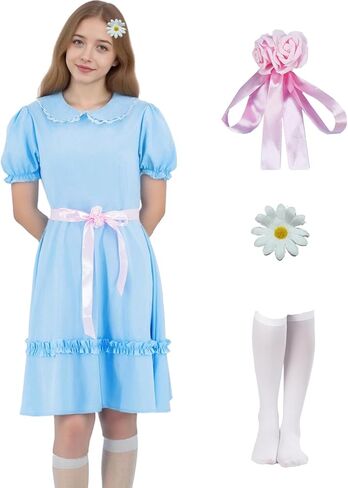 Grady Twins Costume Women Creepy Twin Sisters Dress Halloween Blue Puff Sleeves Cosplay Dress Daisy Hair Clip Set in Saudi Arabia