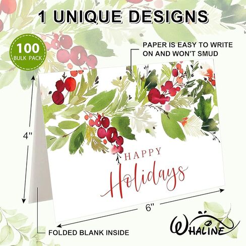 Whaline 50 حزمة من بطاقات التهنئة للعطلات السعيدة بألوان مائية وأوراق هولي مع بطاقات ملاحظات فارغة مع مغلفات وملصقات للاحتفالات بالدعوات، مقاس 10.16 × 15.24 سم in Kuwait