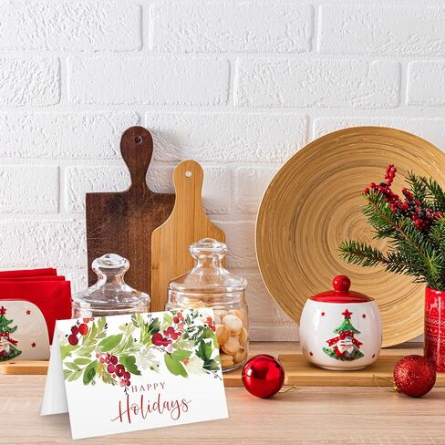 Whaline 50 حزمة من بطاقات التهنئة للعطلات السعيدة بألوان مائية وأوراق هولي مع بطاقات ملاحظات فارغة مع مغلفات وملصقات للاحتفالات بالدعوات، مقاس 10.16 × 15.24 سم in Kuwait