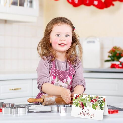 Whaline 50 حزمة من بطاقات التهنئة للعطلات السعيدة بألوان مائية وأوراق هولي مع بطاقات ملاحظات فارغة مع مغلفات وملصقات للاحتفالات بالدعوات، مقاس 10.16 × 15.24 سم in Kuwait