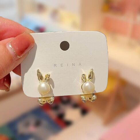 Easter Bunny Earrings for Women,Vintage Round Pearl Rabbit Studs Earrings,Gold Rabbit Front Back Stud Earrings,Minimalist Sweet Bunny Pet Small Earring,Jacket Earrings for Women Party Jewelry in Kuwait