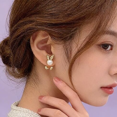 Easter Bunny Earrings for Women,Vintage Round Pearl Rabbit Studs Earrings,Gold Rabbit Front Back Stud Earrings,Minimalist Sweet Bunny Pet Small Earring,Jacket Earrings for Women Party Jewelry in Kuwait