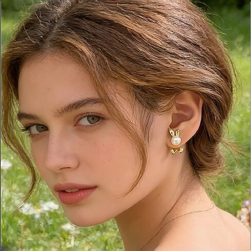 Easter Bunny Earrings for Women,Vintage Round Pearl Rabbit Studs Earrings,Gold Rabbit Front Back Stud Earrings,Minimalist Sweet Bunny Pet Small Earring,Jacket Earrings for Women Party Jewelry in Kuwait