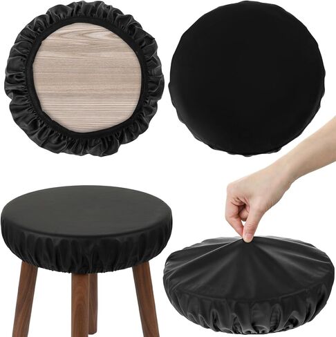 Grevosea 2 Pack Bar Stool Covers, Round Seat Covers for Stools with Elastic Black PU Leather Stool Cover for 12-15 Inch Bar Round Chair Waterproof & Washable in Saudi Arabia