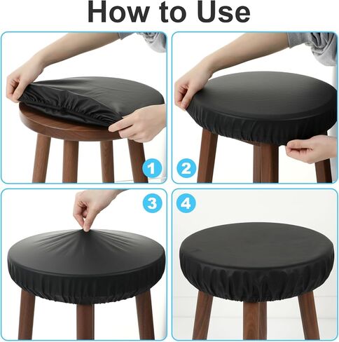 Grevosea 2 Pack Bar Stool Covers, Round Seat Covers for Stools with Elastic Black PU Leather Stool Cover for 12-15 Inch Bar Round Chair Waterproof & Washable in Saudi Arabia