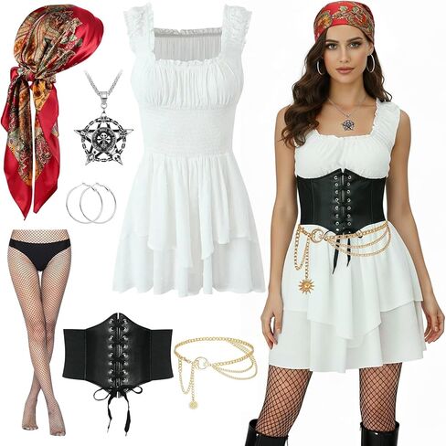 TOLOYE Pirate Costume Women, Medieval Women’s Pirate Costume Outfit with Dress Headscarf Corset for Party Cosplay in Saudi Arabia