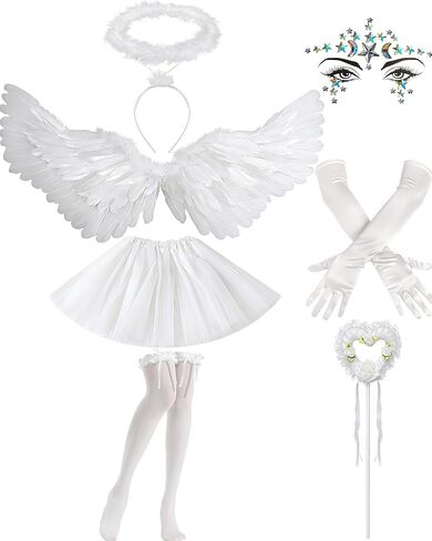 Angel Wings Women - Angel Costume Halo Headband Magic Wand Stockings Gloves Skirt and Stickers for Halloween in Kuwait