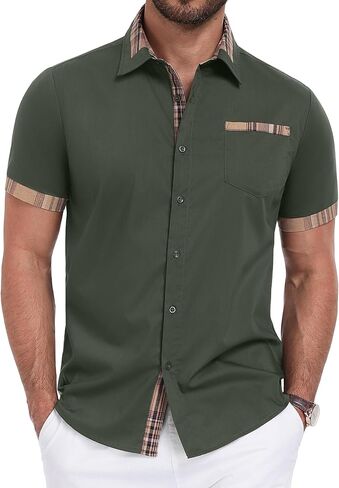 قمصان Vssjavun رجالي بأكمام قصيرة وأزرار سفلية وياقة منقوشة فستان كاجوال قميص خفيف الوزن غير مطوي على الشاطئ in Kuwait