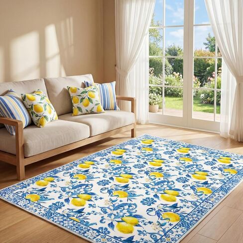 SATINIOR Lemon Area Rugs 5x7 Feet Blue Area Rugs Middle Century Italian Textured Carpet Yellow Home Decorations Non Slip Washable Mat for Living Room Entryway Bedroom Laundry Room Indoor Kitchen in Saudi Arabia