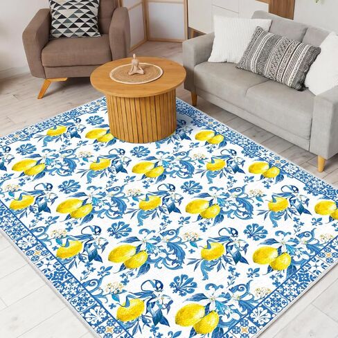 SATINIOR Lemon Area Rugs 5x7 Feet Blue Area Rugs Middle Century Italian Textured Carpet Yellow Home Decorations Non Slip Washable Mat for Living Room Entryway Bedroom Laundry Room Indoor Kitchen in Saudi Arabia