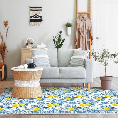 SATINIOR Lemon Area Rugs 5x7 Feet Blue Area Rugs Middle Century Italian Textured Carpet Yellow Home Decorations Non Slip Washable Mat for Living Room Entryway Bedroom Laundry Room Indoor Kitchen in Saudi Arabia