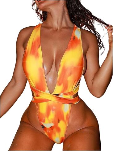 OYOANGLE Women's Tie Dye One Piece Swimsuits Deep V Neck Bathing Suit Criss Cross Open Back Swimwear in Saudi Arabia