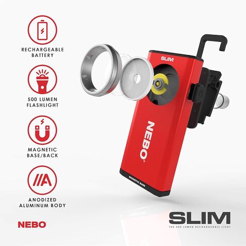 NEBO 500-Lumen LED COB Work Flashlight: Rechargeable Light Equipped with Dimming and Power Memory Recall Featuring A Pocket Clip, Hanging Hook and Magnetic Base SLIM 6694 – Black in Kuwait