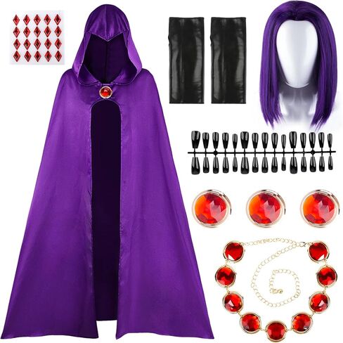 Teen Costume Adult, Raven Cape and Cloak, Raven Wig Short Purple, Costume Accessories, Red Gem Belt, Halloween Cosplay in Kuwait