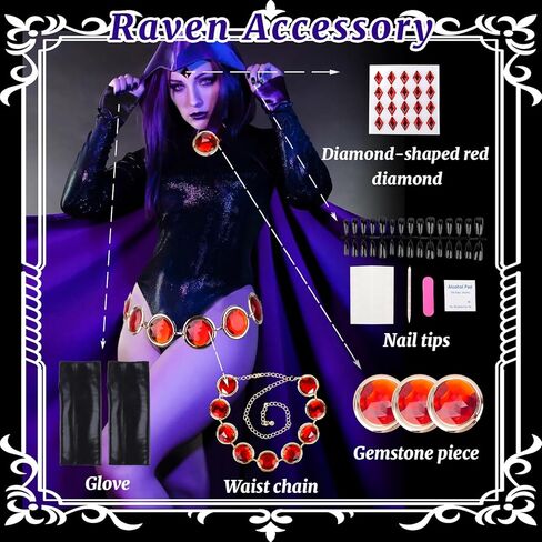 Teen Costume Adult, Raven Cape and Cloak, Raven Wig Short Purple, Costume Accessories, Red Gem Belt, Halloween Cosplay in Kuwait