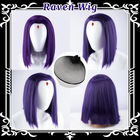 Teen Costume Adult, Raven Cape and Cloak, Raven Wig Short Purple, Costume Accessories, Red Gem Belt, Halloween Cosplay in Kuwait