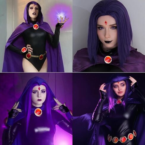 Teen Costume Adult, Raven Cape and Cloak, Raven Wig Short Purple, Costume Accessories, Red Gem Belt, Halloween Cosplay in Kuwait