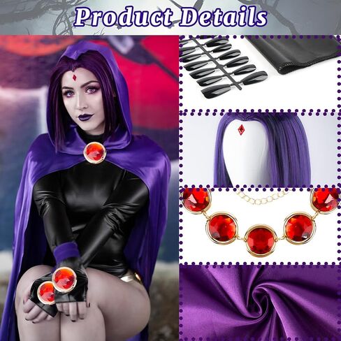 Teen Costume Adult, Raven Cape and Cloak, Raven Wig Short Purple, Costume Accessories, Red Gem Belt, Halloween Cosplay in Kuwait