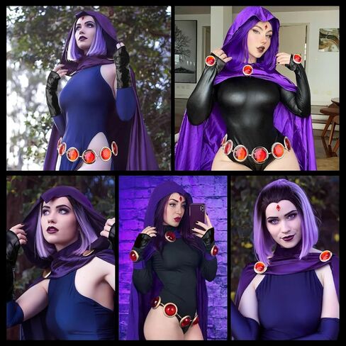 Teen Costume Adult, Raven Cape and Cloak, Raven Wig Short Purple, Costume Accessories, Red Gem Belt, Halloween Cosplay in Kuwait