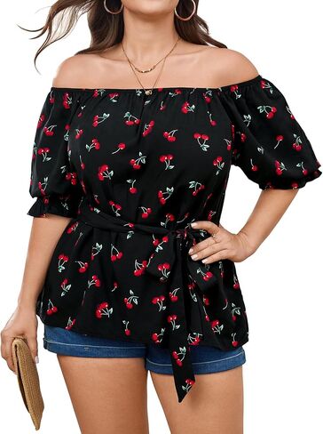 SCOMCHIC Womens Plus Size Off The Shoulder Floral Tie Front Tops Puff Short Sleeve Peplum Shirt Ruffle Blouse for Curvy Women in Saudi Arabia