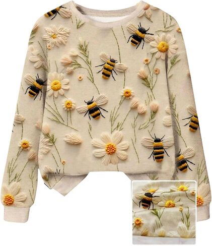 SHENHE Women's Graphic Crewneck Sweatshirt 3D Bee Floral Print Fall Sweatshirt Pullover in Saudi Arabia