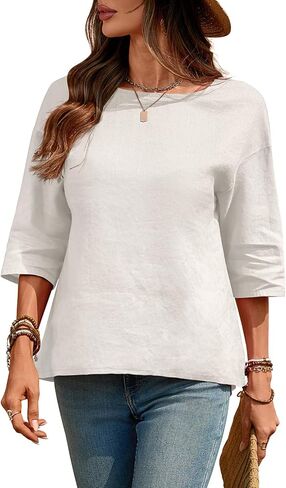 Women's Linen Blouses 3/4 Sleeeve Pure 100% Linen Crew Neck Tops Tshirts in Kuwait