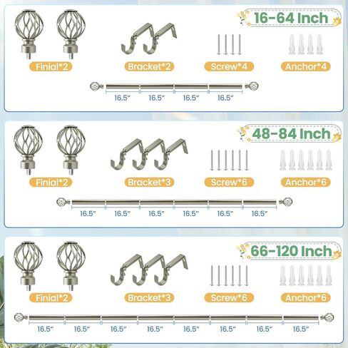 Silver Curtain Rods 18 to 96-inches, 1-inch Diameter Heavy-Duty Adjustable Decorative Curtain Rods for Windows 48 to 84 inches, With Modern Decorative iron Twisted Cage Finials in Kuwait