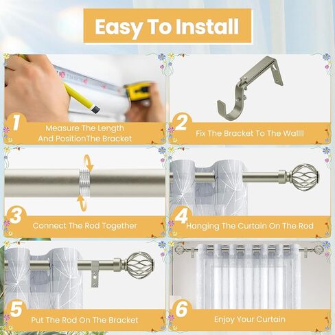 Silver Curtain Rods 18 to 96-inches, 1-inch Diameter Heavy-Duty Adjustable Decorative Curtain Rods for Windows 48 to 84 inches, With Modern Decorative iron Twisted Cage Finials in Kuwait