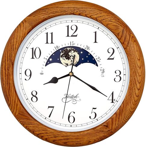 ساعة حائط من خشب البلوط الصلب حصريًا مقاس 14 بوصة غير موقوتة ميكانيكية متخصصة في مرحلة القمر وقرص متحرك، هدية، ديكور منزلي in Kuwait
