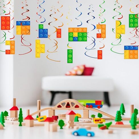 30 Pcs Building Blocks Party Favors Hanging Swirl Decoration Set with Single Double Hanging Swirl for Building Block Theme Birthday Ceiling Decor in Kuwait