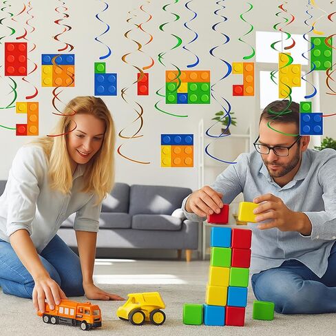 30 Pcs Building Blocks Party Favors Hanging Swirl Decoration Set with Single Double Hanging Swirl for Building Block Theme Birthday Ceiling Decor in Kuwait
