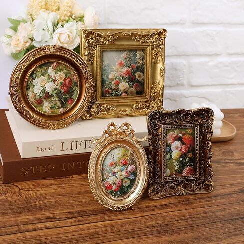 مجموعة من 4 إطارات صور ذهبية عتيقة صغيرة عتيقة للتعليق على الحائط وعرض الطاولة، إطار صورة ذهبي مزخرف صغير لديكور المنزل الفني (5.7 بوصة × 4.7 بوصة، 5.5 بوصة × 5.5 بوصة، 3.7 بوصة × 5.3 بوصة، 6.3 بوصة × 6.3 بوصة) in Kuwait