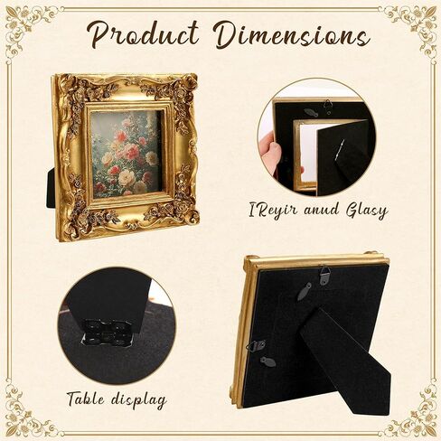 مجموعة من 4 إطارات صور ذهبية عتيقة صغيرة عتيقة للتعليق على الحائط وعرض الطاولة، إطار صورة ذهبي مزخرف صغير لديكور المنزل الفني (5.7 بوصة × 4.7 بوصة، 5.5 بوصة × 5.5 بوصة، 3.7 بوصة × 5.3 بوصة، 6.3 بوصة × 6.3 بوصة) in Kuwait