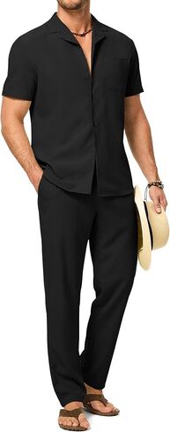 JMIERR Men 2 Piece Outfit Short Sleeve Beach Button Down Shirt Casual Loose Pant Sets with Pocket in Kuwait