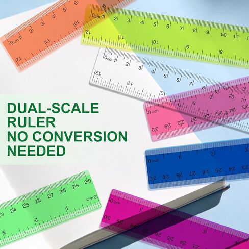 7 Pack 12 Inch Rulers, 30 cm Transparent Rulers, Assorted Color Clear Plastic Rulers with Inches and Centimeters, for Kids School Home and Office Supplies in Kuwait
