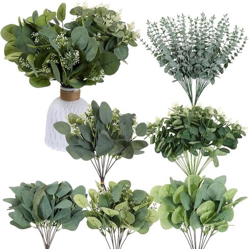 120 PCS 6 Kinds Mixed Eucalyptus Leaves Stems, Bulk Fake Silver Dollar Eucalyptus Leaves Stems, Artificial Plants Greenery for Wedding Vase Decor, DIY Bouquets and Floral Arrangement in Saudi Arabia
