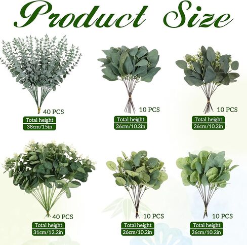 120 PCS 6 Kinds Mixed Eucalyptus Leaves Stems, Bulk Fake Silver Dollar Eucalyptus Leaves Stems, Artificial Plants Greenery for Wedding Vase Decor, DIY Bouquets and Floral Arrangement in Saudi Arabia