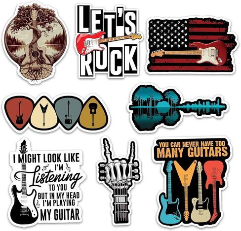 Guitar Sticker 8 Pcs (Large Size) Vinyl Stickers Laptop Waterproof Decal for Car Bumper Water Bottle Notebook Luggage Window Party Birthday Decorations - Size 4 Inches in Kuwait