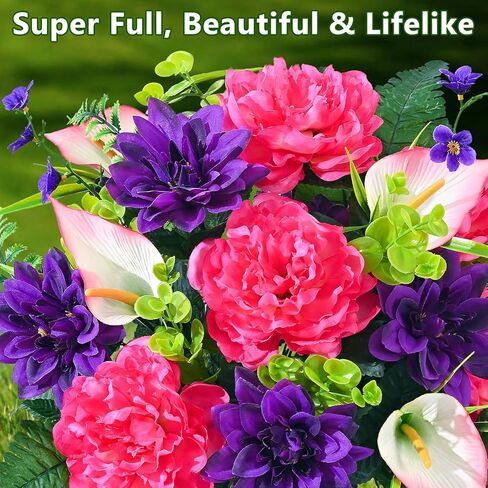 زهور المقبرة الصناعية للقبر من دوليسر، مجموعة من 2 زهور قبر تذكارية للمقبرة مع مزهرية من الحرير الواقعي، زخارف زهور الفاوانيا المقاومة للأشعة فوق البنفسجية (الأحمر مع الأرجواني) in Kuwait