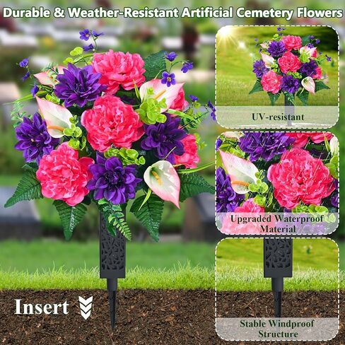 زهور المقبرة الصناعية للقبر من دوليسر، مجموعة من 2 زهور قبر تذكارية للمقبرة مع مزهرية من الحرير الواقعي، زخارف زهور الفاوانيا المقاومة للأشعة فوق البنفسجية (الأحمر مع الأرجواني) in Kuwait