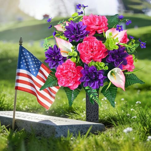 زهور المقبرة الصناعية للقبر من دوليسر، مجموعة من 2 زهور قبر تذكارية للمقبرة مع مزهرية من الحرير الواقعي، زخارف زهور الفاوانيا المقاومة للأشعة فوق البنفسجية (الأحمر مع الأرجواني) in Kuwait