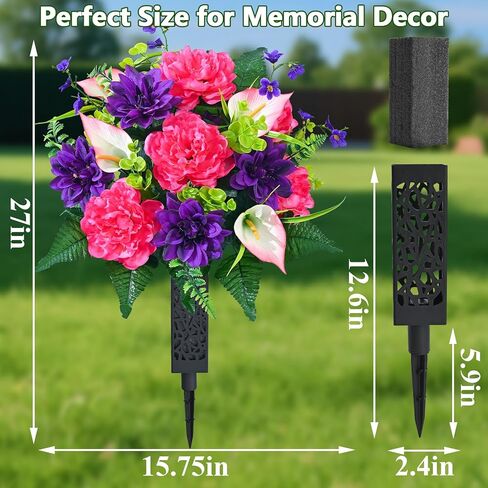 زهور المقبرة الصناعية للقبر من دوليسر، مجموعة من 2 زهور قبر تذكارية للمقبرة مع مزهرية من الحرير الواقعي، زخارف زهور الفاوانيا المقاومة للأشعة فوق البنفسجية (الأحمر مع الأرجواني) in Kuwait