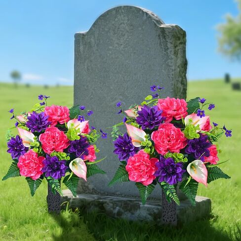 زهور المقبرة الصناعية للقبر من دوليسر، مجموعة من 2 زهور قبر تذكارية للمقبرة مع مزهرية من الحرير الواقعي، زخارف زهور الفاوانيا المقاومة للأشعة فوق البنفسجية (الأحمر مع الأرجواني) in Kuwait