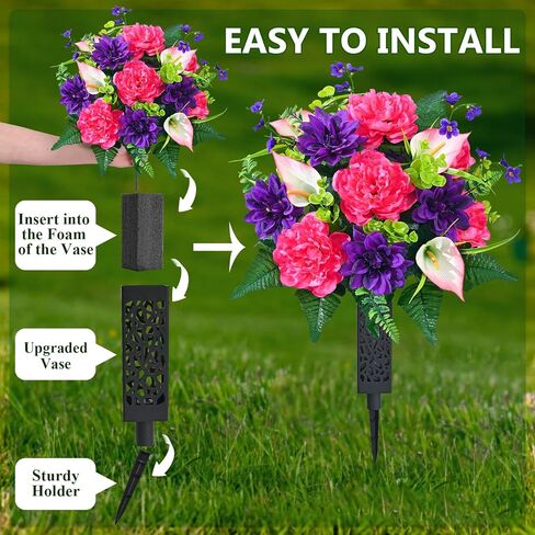 زهور المقبرة الصناعية للقبر من دوليسر، مجموعة من 2 زهور قبر تذكارية للمقبرة مع مزهرية من الحرير الواقعي، زخارف زهور الفاوانيا المقاومة للأشعة فوق البنفسجية (الأحمر مع الأرجواني) in Kuwait